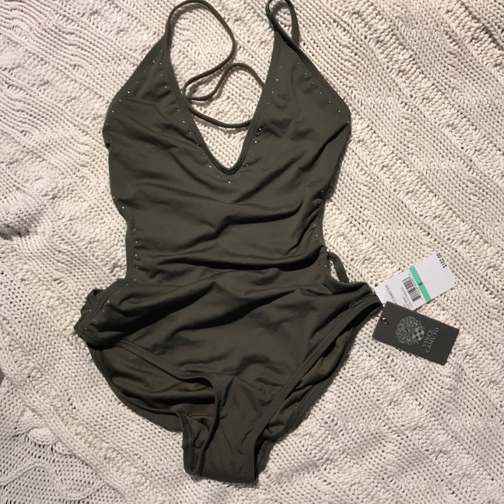 BNWT VINCE CAMUTO OLIVE GREEN ONE PIECE SWIMSUIT.